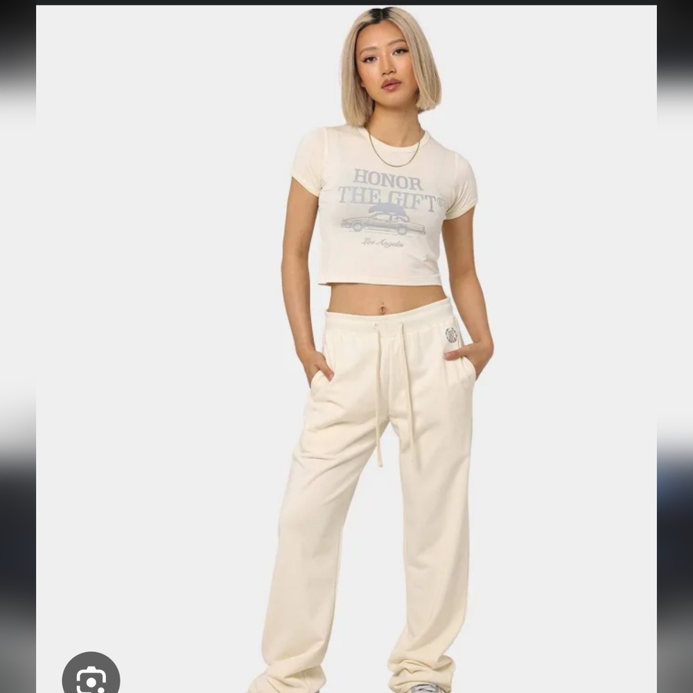 Honor The Gift Cream Knit Lounge Pants Wide Leg Drawstring Bone Large NEW